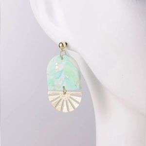 Teal White and Gold Multicolor Geometric Clay and Metal Drop Earrings